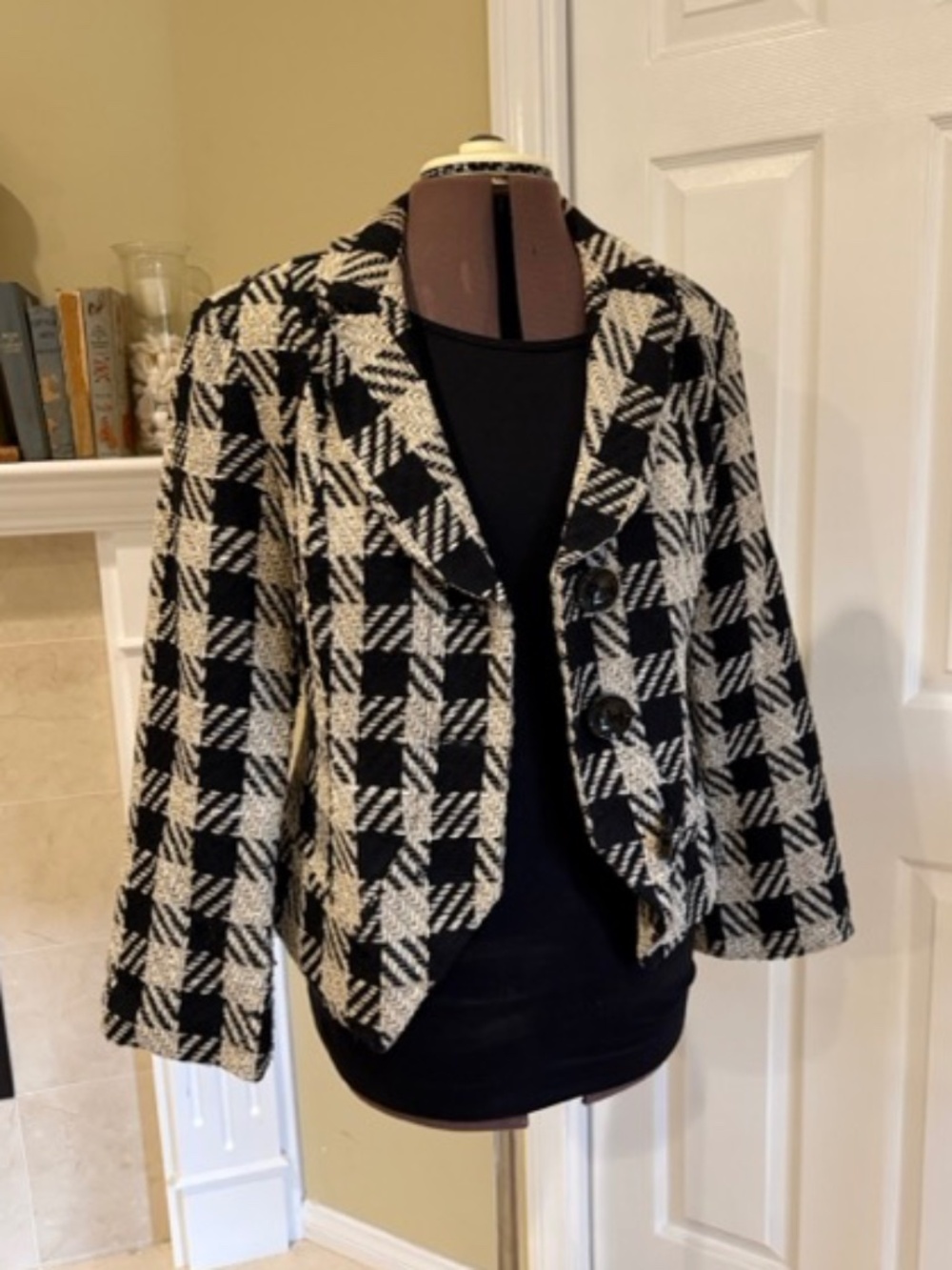 Coldwater Creek Black White Plaid Tailored Blazer Jacket Size 8